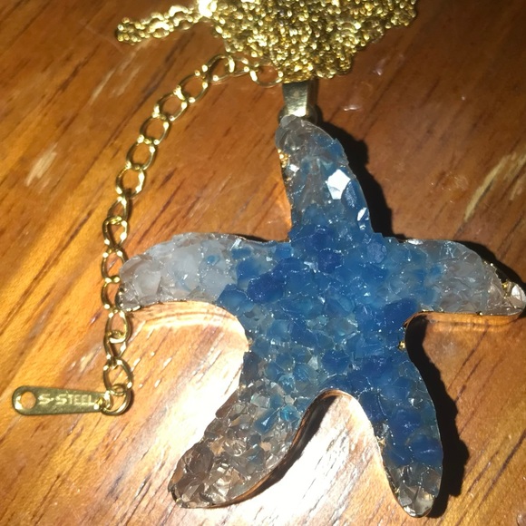 “Blue Druzy Starfish” Gold Dipped Geode Ocean Sea Marine Tropical Steel Necklace - Picture 10 of 16